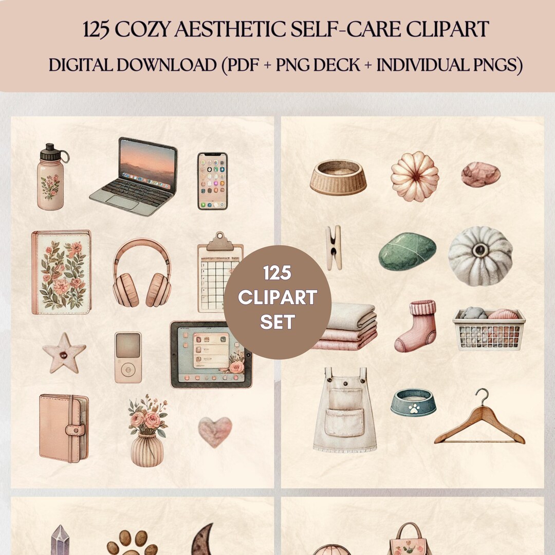 125 Cozy Aesthetic Clipart Watercolor Self Care Stickers Digital PNG ...