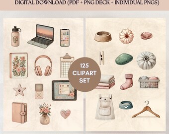 Paquete de 125 pegatinas digitales de acuarela para el cuidado personal, con imágenes prediseñadas estéticas y acogedoras, para planificadores, diarios, álbumes de recortes, Canva y PDF imprimible.