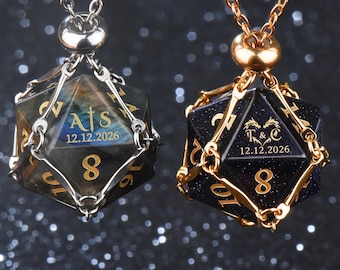 Personalized D20 Dice Necklace, Custom Engraved Wedding DND Dice, Couples Initials Anniversary Gift, D&D Jewelry for Him Her