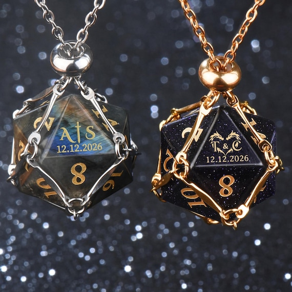 Personalized D20 Dice Necklace, Custom Engraved Wedding DND Dice, Couples Initials Anniversary Gift, D&D Jewelry for Him Her