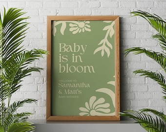 Editable Boho Baby Shower Welcome Sign – Green Botanical Canva Template – Gender Neutral Shower Poster Printable – Instant Download