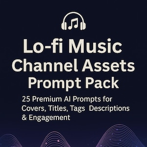 May include: Digital graphic promoting a "Lo-fi Music Channel Assets Prompt Pack." The image includes a musical note with headphones, a coffee cup, and headphones. The text advertises 25 AI prompts for covers, titles, tags, descriptions, and engagement.