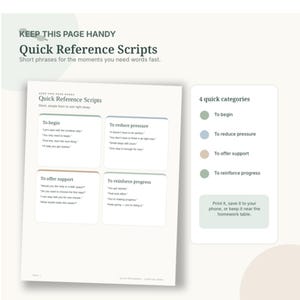 Quick Reference Scripts page with short parent phrases organized for beginning tasks, reducing pressure, offering support, and reinforcing progress.