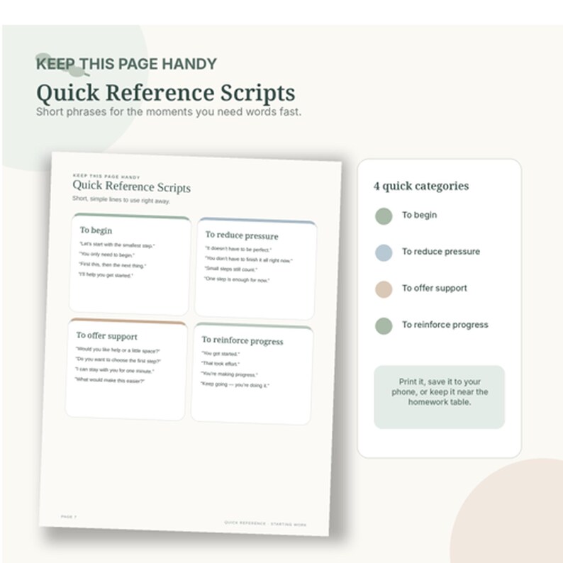 Quick Reference Scripts page with short parent phrases organized for beginning tasks, reducing pressure, offering support, and reinforcing progress.