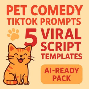 May include: An orange cartoon cat with stripes and a smiling face is featured in this image. The text reads "PET COMEDY TIKTOK PROMPTS" and "5 VIRAL SCRIPT TEMPLATES." An orange rectangle says "AI-READY PACK."