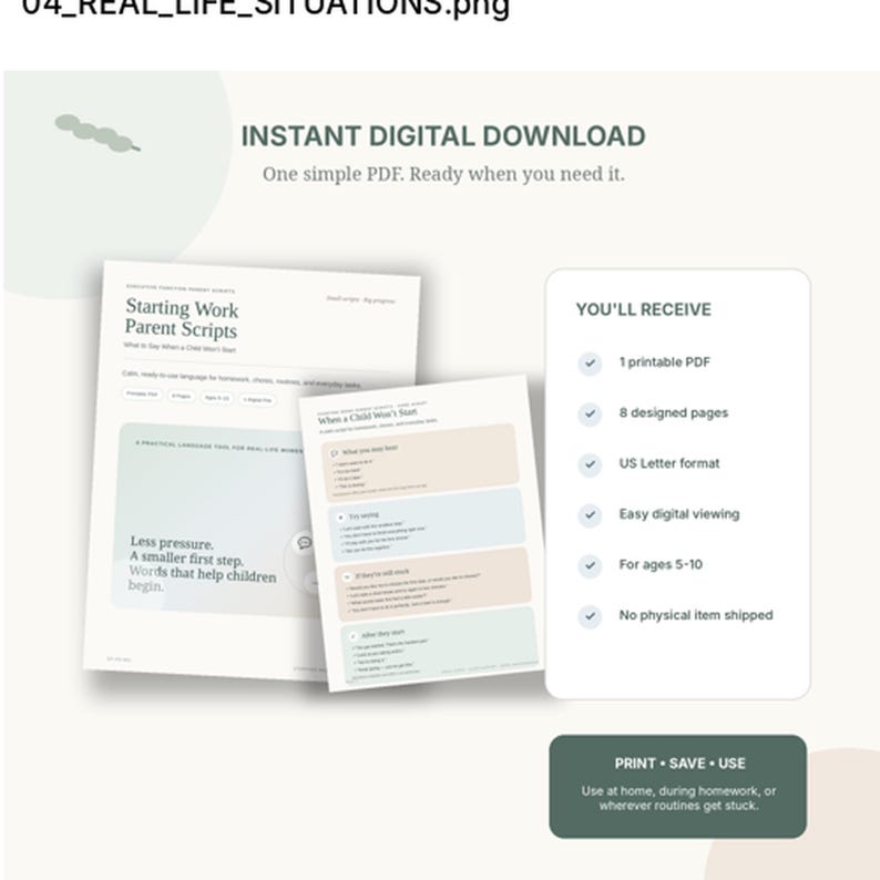 Digital-download graphic showing the 8-page printable PDF and what buyers receive immediately after purchase.