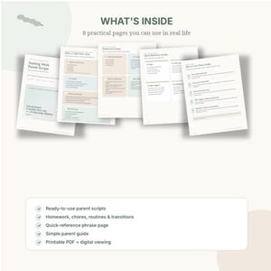 Preview of the 8-page Starting Work Parent Scripts printable with multiple interior pages for homework, chores, routines, transitions, quick-reference language, and parent guidance.