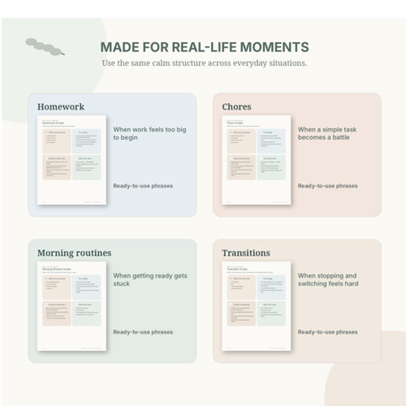 Printable parent script examples for homework, chores, morning routines, and transitions.