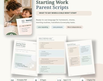 Script per genitori per iniziare a lavorare, attività stampabili per bambini, supporto per compiti e faccende domestiche in formato PDF