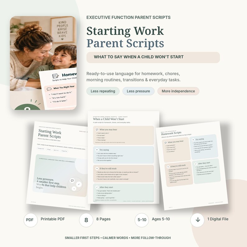 Starting Work Parent Scripts, Task Initiation Printable for Kids, Homework & Chore Support PDF image 1