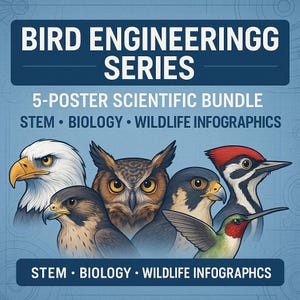 Puede incluir: Un conjunto de carteles titulado "Bird Engineering Series" con ilustraciones de varias aves, incluyendo un águila, un búho y un colibrí. El texto incluye "STEM, Biology, Wildlife Infographics". El fondo es azul claro.