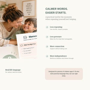 Parent-child lifestyle graphic explaining benefits of calmer words, easier starts, less repeating, less pressure, stronger connection, and more independence.