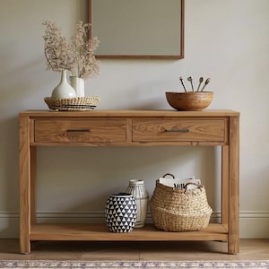 Handmade Solid Oak Narrow Console Table with Drawers | Rustic Entryway Table | Customizable Size