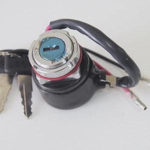 May include: A black ignition switch with a silver face, red accent, and blue keyhole. The switch has a black wire and two silver wires. Two keys are attached to a key ring.