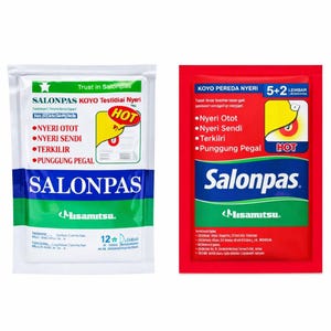 May include: Two Salonpas pain relief patches. One white packet with green and blue accents, and one red packet. Both feature the brand name and list uses for muscle and joint pain.