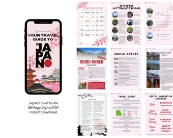 Peut inclure: Un guide de voyage numérique pour le Japon, affiché sur un smartphone, avec un fond rose et des symboles japonais. D'autres pages présentent des attractions, des événements et des phrases utiles.