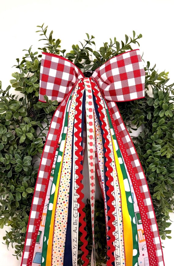 Back to School Wreath Bow | Teacher Door Decor | 4in Red Gingham | Polka Dots | Classroom Welcome Decor | Primary Colors | First Day | 11x24