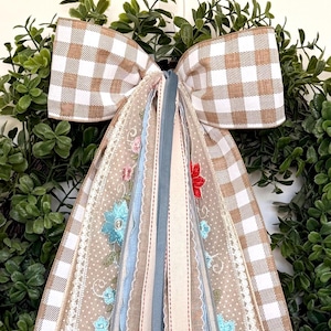 Summer Neutral Wreath Bow-4 in Tan Check, Embroidered Red/Pink Floral Tulle, Red Stitched Edging, Blue Accents. Neutral Door Decor. 11x24
