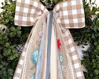 Tan Check Neutral Wreath Ribbon Bow | 4 in Tan Check | Embroidered Red/Pink Floral Tulle | Soft Blue Red Accents | Door Decor | 11x24