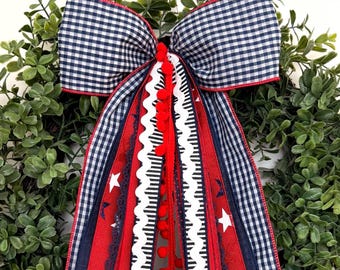 Patriotic Wreath Bow | Red White Blue Door Bow | Fourth of July Decor | Americana Front Door Decoration | Summer Wreath Accent | 11x24
