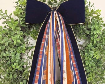 Fall Wreath Bow | 4 in Navy Velvet | Autumn Leaves | Plaid and Cream Accents | Fall and Thanksgiving Decor | Front Door Decor | 11x24