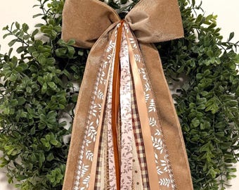 Fall Wreath Bow | Neutral Door Bow | Brown Tan Wreath Bow | Brown Plaid | Autumn Front Door Decor | Thanksgiving Wreath Bow | 11x24