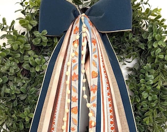 Fall Wreath Bow | Blue Wreath Bow | Autumn Leaf Ribbon Bow | Rust and Cream Thanksgiving Decor | Front Door Bow | Fall Home Decor | 11x24