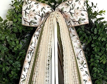 Neutral Floral Wreath Ribbon Bow | 4 in Ivory Floral Magnolia Print | Muted Greens | Tan Gingham | Botanical Print | Porch Decor  | 11x24