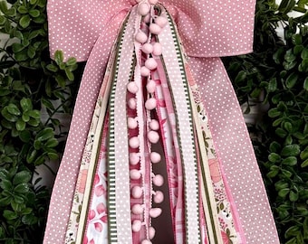 Spring Wreath Bow-4in Soft Pink Bow w/Delicate White Polka Dots,  Pink Plaid, Green Stripes, Blush Pink Blooms and Greenery. 11x24