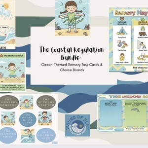 Op de afbeelding: Een bundel met sensorische taakkaarten en keuzeborden met oceaanthema. De Coastal Regulation Bundle bevat illustraties van golfademhaling, zeester-stretches en diverse activiteiten. De afbeelding toont ook een stemmingmeter en sensorische speelkeuzes.
