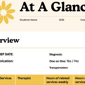 Könnte beinhalten: Ein cremefarbenes Dokument mit dem Titel „At A Glance“ mit einem gelben Blumendesign. Das Dokument enthält Abschnitte für Schülerinformationen, einen Überblick und verwandte Dienste. Der Text enthält „Annual IEP DATE“ und „Diagnosis“.