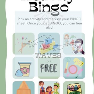 Puede incluir: Una hoja de juego "Activity Bingo" ilustrada con el texto "¡Elige una actividad y marca en tu hoja de BINGO! ¡Una vez que obtienes BINGO, puedes jugar gratis!" Incluye imágenes de actividades divertidas.