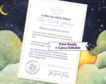 Tooth Fairy Letter Printable | Editable Tooth Fairy Note Canva Template | First Tooth Fairy Receipt | Instant Download
