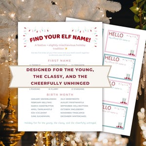 Puede incluir: Un juego festivo de vacaciones con el texto "Find Your Elf Name!" en una tarjeta blanca. La tarjeta incluye una lista de nombres de elfos y opciones de mes de nacimiento. Tarjetas adicionales dicen "Hello" y "My official Elf name is".
