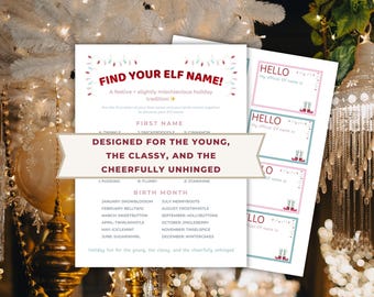 Whats Your Elf Name Printable Game and Name Tags | Christmas Party Activity | Holiday Game | Avery 5395 Compatible