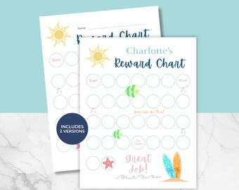 Coastal Reward Chart Printable for Kids, Fillable PDF Reward Chart, Personalized Behavior Chart, Summer Chore Chart, Printable Kids Chart