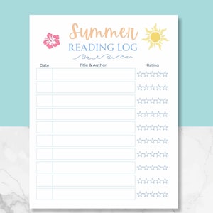 Ausdruckbares Leselogbuch für Kinder | Strand-Thema Lese-Tracker | Buchbesprechung & Sterne-Bewertungsbogen | Sommer Lese Herausforderung Aktivität Bild 1