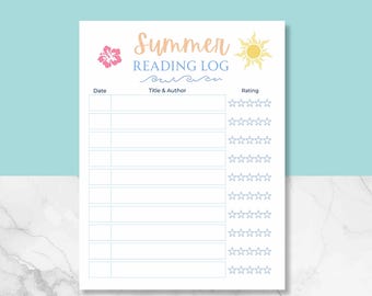 Summer Reading Log Printable for Kids | Beach Theme Reading Tracker | Book Review & Star Rating Sheet | Summer Reading Challenge Activity