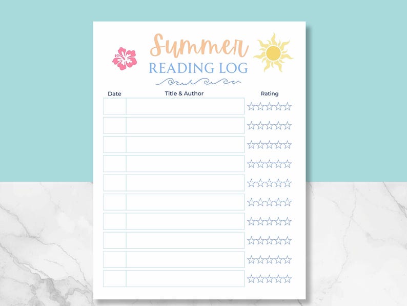 Ausdruckbares Leselogbuch für Kinder | Strand-Thema Lese-Tracker | Buchbesprechung & Sterne-Bewertungsbogen | Sommer Lese Herausforderung Aktivität Bild 1