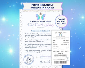 Tooth Fairy Letter Printable, Editable Canva Template, 5x7 Kids Tooth Fairy Note, Personalized Tooth Fairy Card, Instant Download