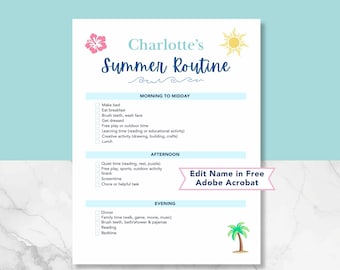 Editable Summer Routine Chart for Kids | Personalized Daily Checklist | ADHD Friendly Summer Schedule | Printable Routine Tracker PDF