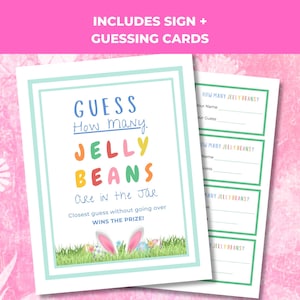 Op de afbeelding: Een wit bord met de tekst "GUESS How many JELLY BEANS Are in the Jar" in kleurrijke letters, met konijnenoren en eieren aan de onderkant. Inclusief raadkaarten met ruimte voor naam en schatting.