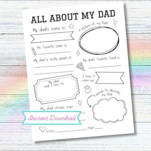 Op de afbeelding: Een zwart-wit printbaar blad met de titel "ALL ABOUT MY DAD". Het bevat invulsecties voor de naam van de vader, zijn favoriete kleur, vaardigheden, favoriete eten en meer. Het blad bevat ook de tekst "Instant Download".
