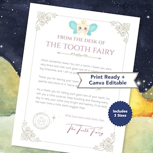 May include: A printable letter from the Tooth Fairy featuring a cartoon tooth with wings and a crown at the top. The text reads From the Desk of The Tooth Fairy, includes a message about losing a tooth, and has a signature at the bottom.