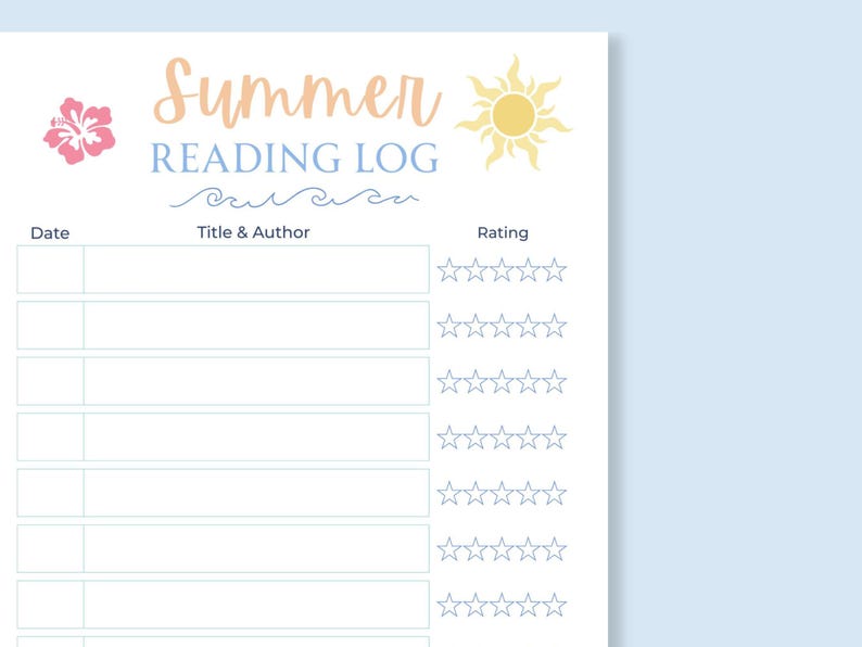 K&ouml;nnte beinhalten: Ein wei&szlig;es Sommer-Leseprotokoll mit hellblauem Hintergrund. Das Protokoll enth&auml;lt den Text "Summer Reading Log" in Pfirsich und Blau, zusammen mit einer rosa Hibiskusbl&uuml;te und einer gelben Sonnenillustration. Enth&auml;lt Abschnitte f&uuml;r Datum, Titel, Autor und Bewertung.