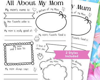 All About My Mom Mum Printable Worksheet Activity | Mother's Day Coloring Questionnaire | Last Minute Gift for Mom | Instant Download