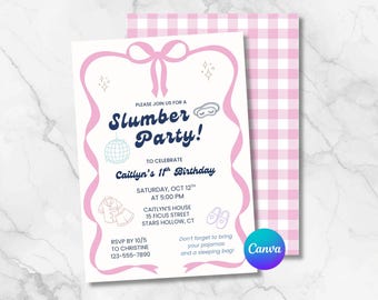 Slumber Party Invitation Template | Editable Canva Sleepover Invite | Preppy Pink Pajama Party Birthday Invitation | Printable Tween Invite