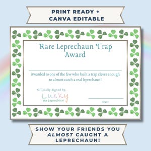 Leprechaun Trap Award Certificate | Printable with Editable Canva Template | St Patrick’s Day Reward for Kids (Instant Download)