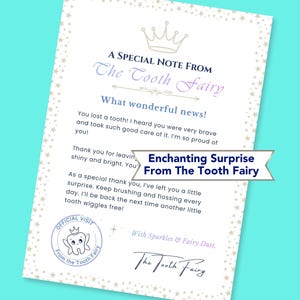 May include: A rectangular note from the Tooth Fairy featuring a crown icon, star-patterned borders, and text that reads A SPECIAL NOTE FROM The Tooth Fairy, What wonderful news, and Enchanting Surprise From The Tooth Fairy with a tooth seal.