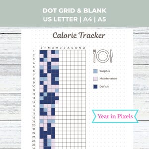 May include: A printable Calorie Tracker page with a dot grid background. The layout includes a Year in Pixels chart with months and days, a legend for Surplus, Maintenance, and Deficit, and a fork, plate, and knife icon at the top.